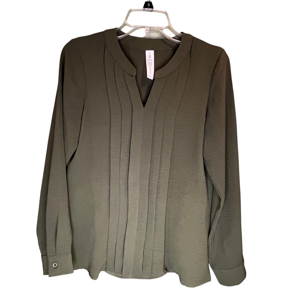 "B" Olive Green Pleated Front Long Sleeve Split V-Neck Crepe Blouse Small